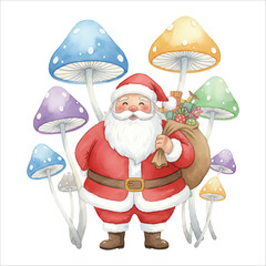 Santa Claus standing beside glowing magical mushrooms in a whimsical Christmas forest, watercolor illustration isolated on white background
