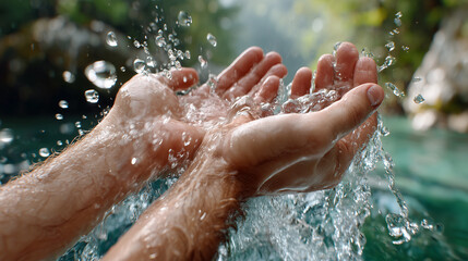 Fototapeta premium Hände im Wasser mit spritzenden Tropfen – Wellness und Reinheit