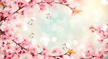 Fototapeta premium Spring Blossom and Butterflies Background with Soft Bokeh Lights Effect