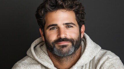 Fototapeta premium A bearded man with curly hair wears a light-colored hoodie and looks directly at the viewer. The background is a simple, dark color
