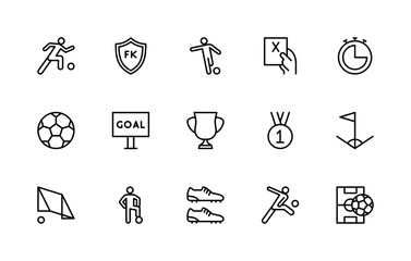 Football related vector linear icons set. Isolated icon collection such as player, emblem, card, timer, goal, cup, trophy, stadium, gate, ball, boots, medal, corner and more. © Andrey