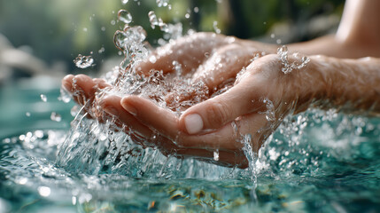 Fototapeta premium Hände im Wasser mit spritzenden Tropfen – Wellness und Reinheit