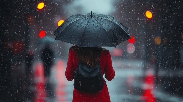 A person holding a black umbrella walks down a city street on a rainy evening, wearing a red coat and a black backpack