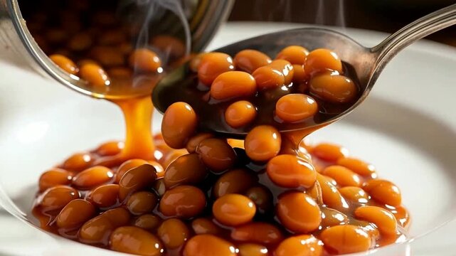 Steaming Hot Baked Beans Poured from Can and Scooped onto White Plate