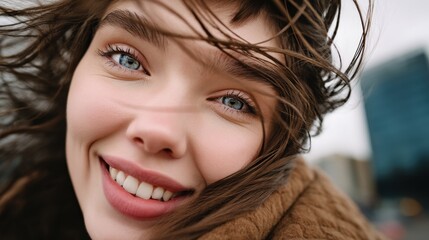 A young woman with bright blue eyes and brown hair smiles into the camera on a windy day in an urban environment. She is wearing a tan jacket