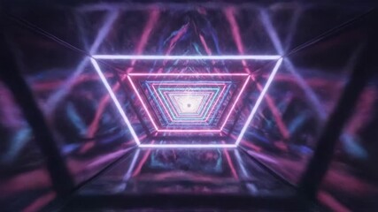 A dynamic digital scene featuring glowing neon triangles and laser beams creating a mesmerizing futuristic tunnel with vibrant colors and reflective surfaces, evoking energy and innovation. - Powered by Adobe