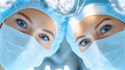Two female surgeons with blue eyes wearing surgical masks and caps are performing a surgical operation under a bright surgical light in operating room