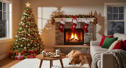 Festive living room with christmas tree fireplace and golden retriever