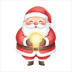 Santa Claus holding a glowing magical orb in a serene Christmas moment, watercolor illustration isolated on white background
