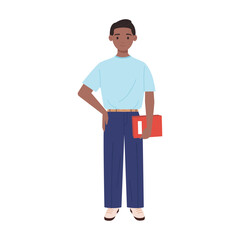 A dedicated young professional media stocker is holding a book and is ready for various important inventory tasks