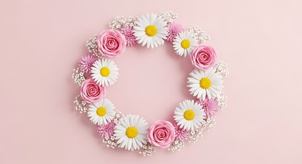 Floral Wreath with Roses Daisies and Babys Breath on Pink Background