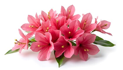 Pink Bougainvillea Flowers with Green Leaves on White Background
