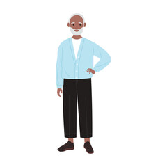 An elegantly fashionable elderly man proudly showcasing a smartcasual look featuring a light blue cardigan