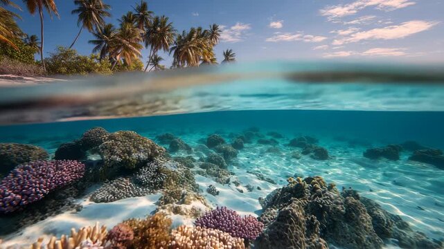 Tropical paradise split view of beach, ocean, and coral reef