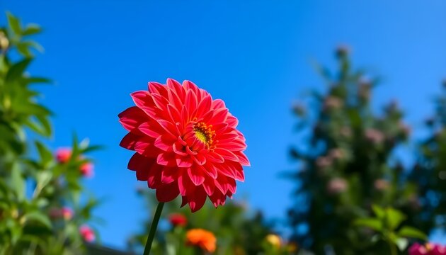 red dahlia flower with blue sky background