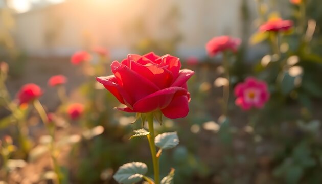 red rose in garden with blurred background
