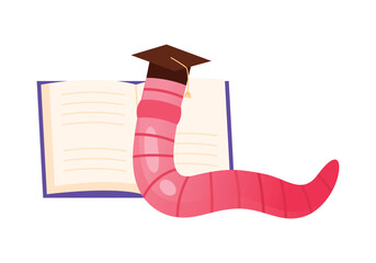 A charming and whimsical illustration of a cute little bookworm happily wearing a graduation cap next to an open book