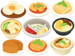 Vector Chinese Food Clip Art Set Cuisine Mantou Steamed Bun Mapo Tofu Rice Noodle Roll Wonton Soup Hot Pot Sponge Cake Stir Fry Shrimp Herbal Soup Illustration Restaurant Menu Asian Meal