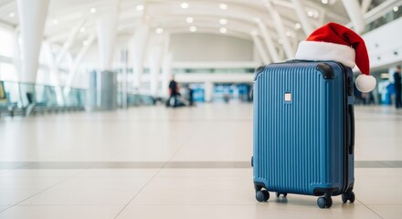 The concept of holiday travel is depicted by a piece of luggage wearing a Christmas hat against a background of blurred travelers and large windows.