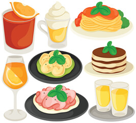 Vector Italian Food Clip Art Set Cuisine Pasta Spaghetti Tiramisu Tortellini Prosciutto Melon Aperol Spritz Drink Limoncello Illustration Restaurant Menu European Meal Beverage