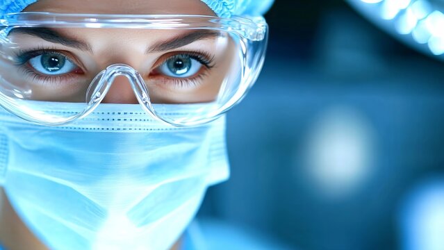Medical professional wearing protective eyewear and surgical mask, emphasizing safety protocols and hygienic practices in healthcare setting