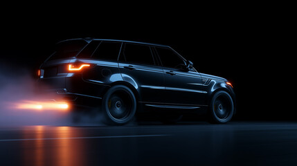 Sleek black car in motion on a dark smoky background with wide copy space, evoking power, elegance, and modern automotive style.