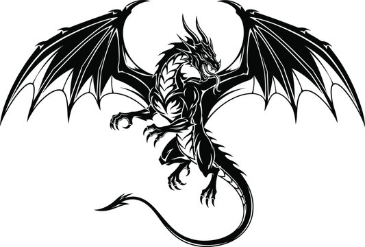 Black and white dragon silhouette vector with fierce wings, roaring pose, and mythical symmetry for fantasy, tattoo, and folklore themes