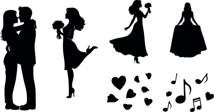 Romantic couple woman holding flowers hearts music notes silhouette vector illustration