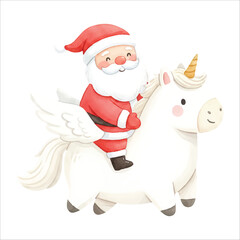 Santa Claus riding a flying pegasus on a dreamy Christmas journey, watercolor illustration isolated on white background
