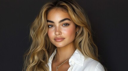 A beautiful young woman looks directly at the viewer. She has long blonde wavy hair and is wearing a white shirt and a necklace