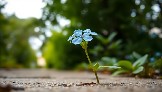 A tiny blue flower blooms on a gravel path, surrounded by blurred greenery and natural daylight.