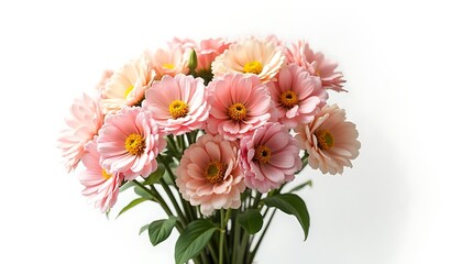 Pink Flower Bouquet with Green Leaves on White Background
