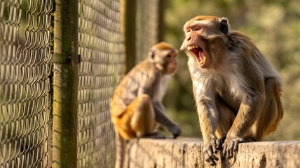 Two monkeys interacting near a fence with one monkey yawning