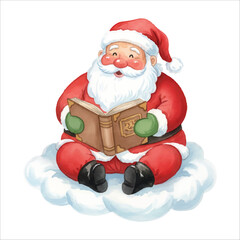 Santa Claus reading a magical book filled with Christmas stories, watercolor illustration isolated on white background
