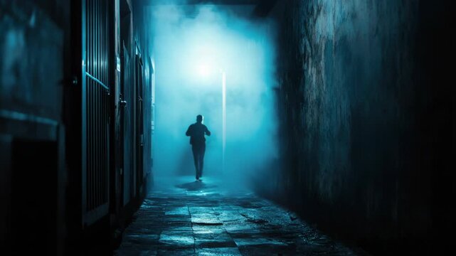Video A person running away from something in a dimly lit corridor