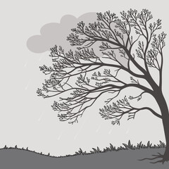 Fototapeta premium Black and white illustration of a lone tree bending in a strong wind and rain