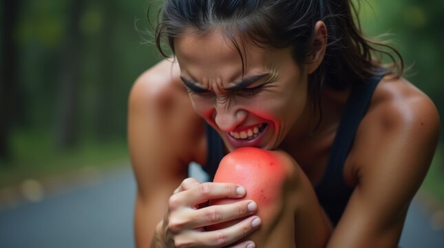 Una atleta se agarra una rodilla dolorosa con una inflamaci&oacute;n roja