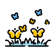 Colorful cartoon butterflies flying over stylized grass patch isolated on