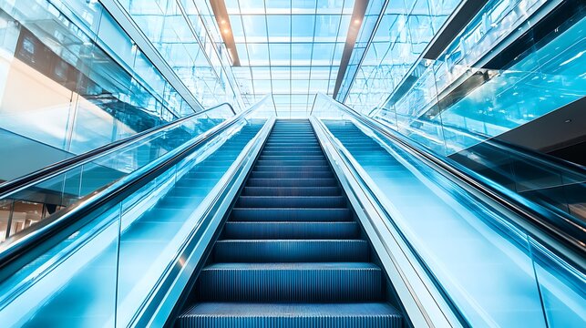 Modern blue lit escalator ascending towards brightly illuminated ceiling in futuristic architecture