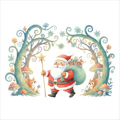 Santa Claus walking through an enchanted forest on a magical Christmas adventure, watercolor illustration isolated on white background
