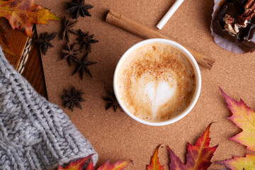 autumn cozy and warm composition with coffee at wooden table. life style concept. flat lay