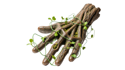 Realistic hand sculpture made of wood, entwined with green vines and leaves, symbolizes nature and growth