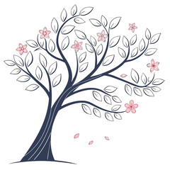 Stylized dark blue tree with delicate pink blossoms isolated on