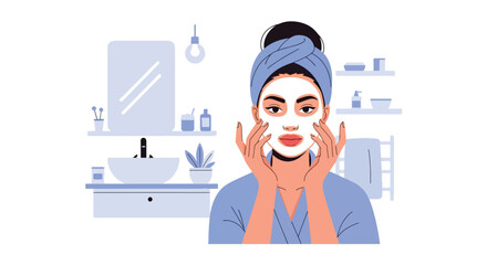 Vector woman applying facial mask with headband and bathroom elements. Ideal for spa ads, skincare posts, beauty infographics, wellness packaging, and routine visuals