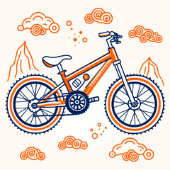 Fototapeta premium Stylized illustration of an orange and blue mountain bike with clouds and mountains