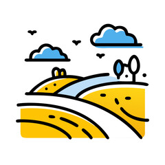 Fototapeta premium Stylized illustration of rolling yellow hills under blue clouds isolated on