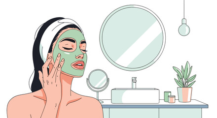 Vector woman applying facial mask with headband and bathroom elements. Ideal for spa ads, skincare posts, beauty infographics, wellness packaging, and routine visuals