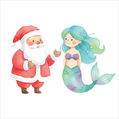 Santa Claus chatting with a mermaid in a charming Christmas fantasy, watercolor illustration isolated on white background
