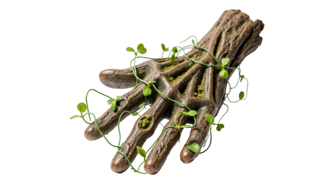 Realistic hand sculpture made of wood, entwined with green vines and leaves, symbolizes nature and growth