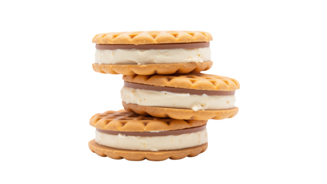 Creamy ice cream sandwiches stacked high, featuring crispy wafers and rich chocolate layers, perfect for sweet treat